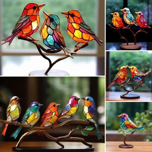 Ornements en Verre Teinté Oiseaux sur Branches