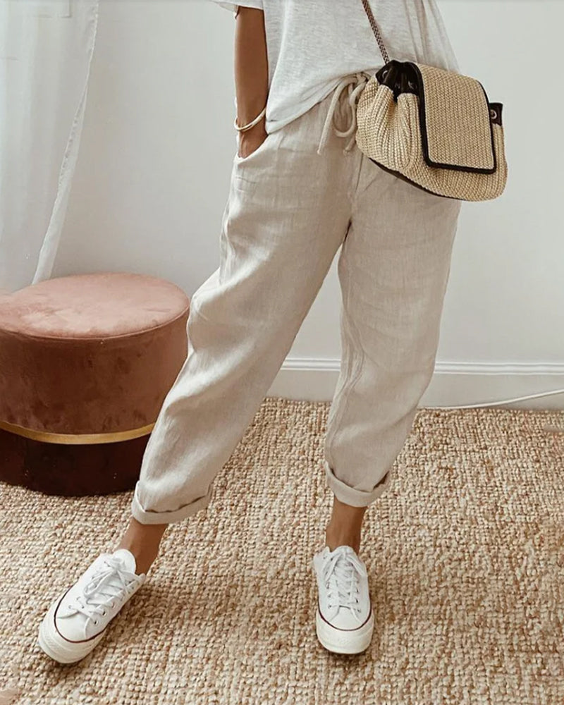 Pantalon uni en coton lin