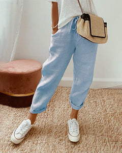 Pantalon uni en coton lin