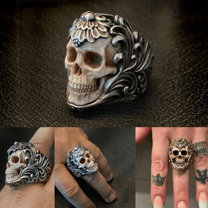 Bague tête de mort en bois de cerf à armure florale polonaise vintage