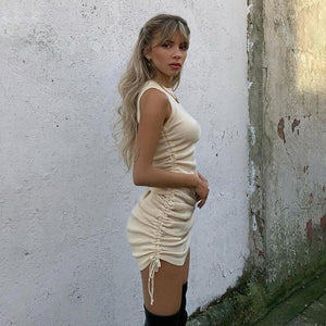 Robe Plissée Mince à Cordon de Serrage