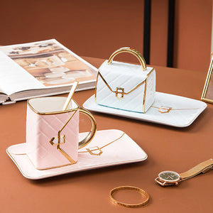 Tasse créative en forme de sac à main avec soucoupe et cuillère