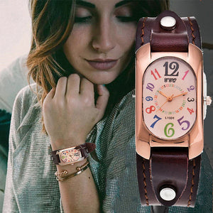 Montre pour Femme Vintage en Cuir et Pierre à Quartz